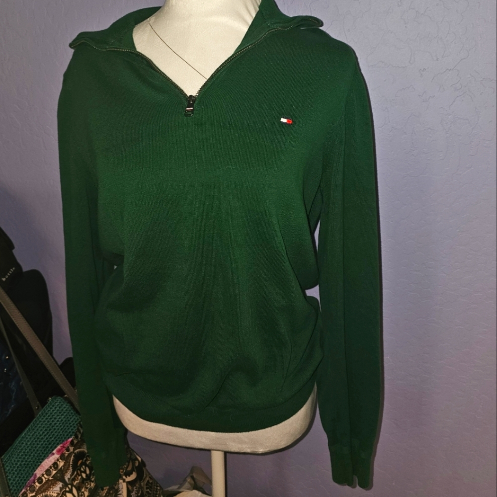 Tommy Hilfiger Forest Green Quarter-Zip Sweatshirt Mens Small